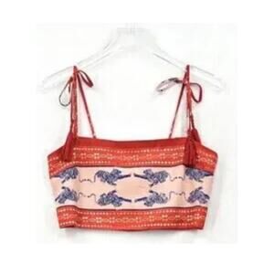 Caroline Constas Crop Top Tiger Print Linen Tie-Shoulder Tassel Tank Size Large